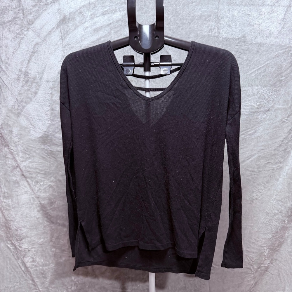 Womens Black Long Sleeve V Neck Lattice Back Knit Top Casual‎ Everyday Size M